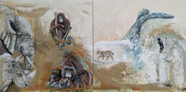 Coupez ! On recommence ! Diptych, 100 x 100 cm x 2, acrylics, sand and plastic on canvases, 2021